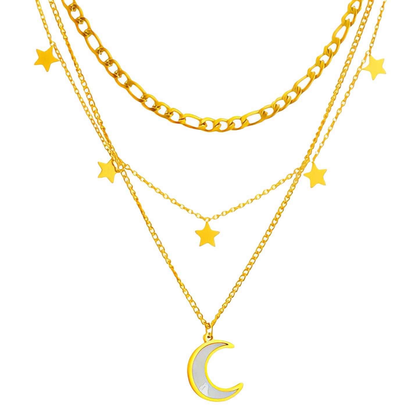 COLLAR "LUNA Y ESTRELLAS", ACERO BAÑADO EN ORO DE 18 QUILATES