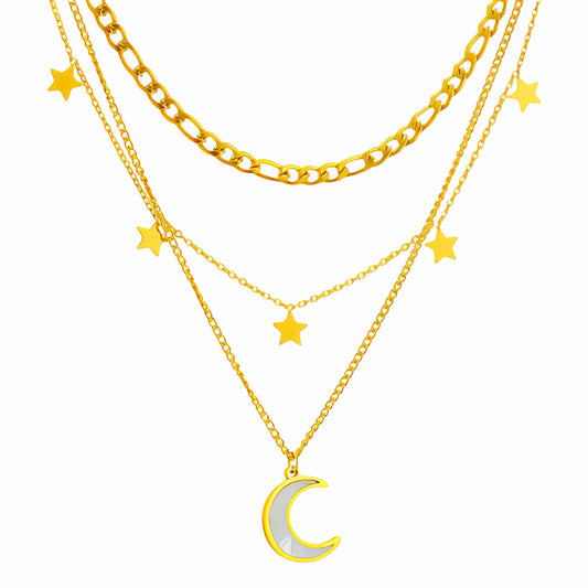 COLLAR "LUNA Y ESTRELLAS", ACERO BAÑADO EN ORO DE 18 QUILATES