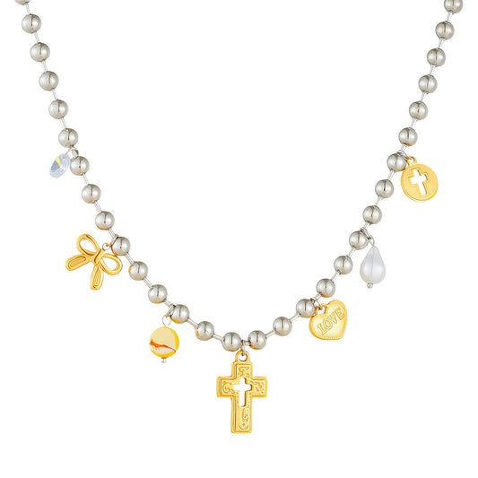 COLLAR "CRUZ Y CORAZONES" ACERO BAÑADO EN ORO DE 18 QUILATES